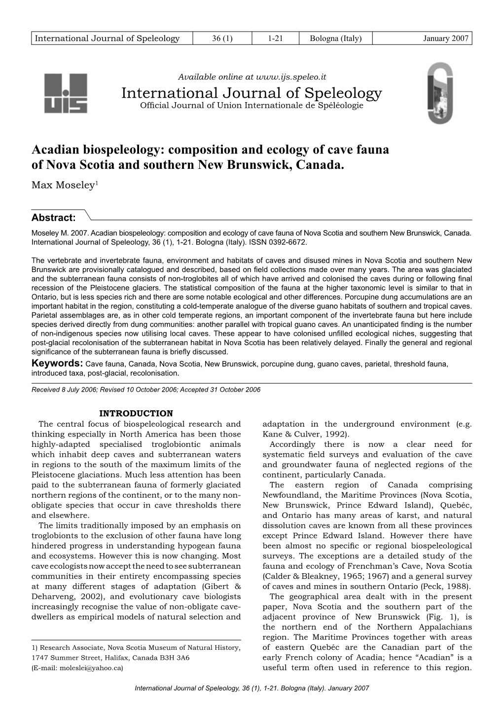 Composition and Ecology of Cave Fauna of Nova Scotia and Southern New Brunswick, Canada