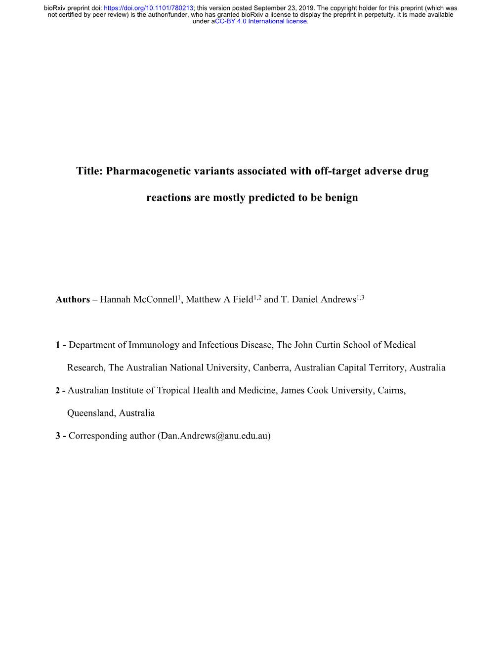 Pharmacogenetic Variants Associated with Off-Target Adverse Drug