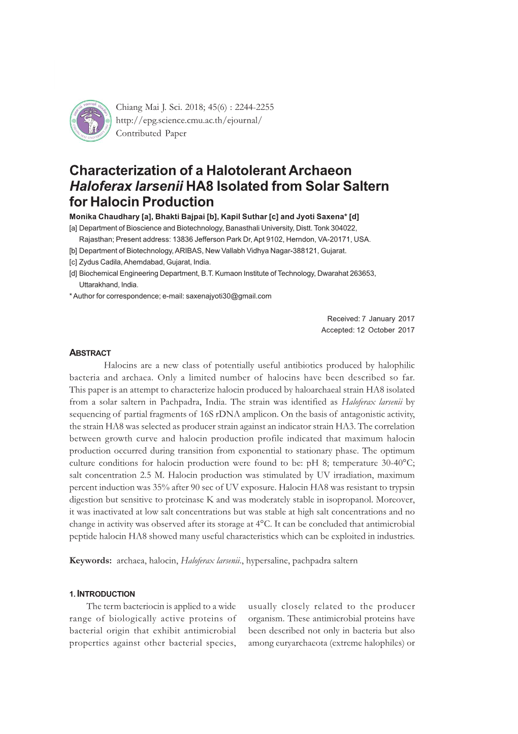 Characterization of a Halotolerant Archaeon Haloferax Larsenii HA8 Isolated from Solar Saltern for Halocin Production