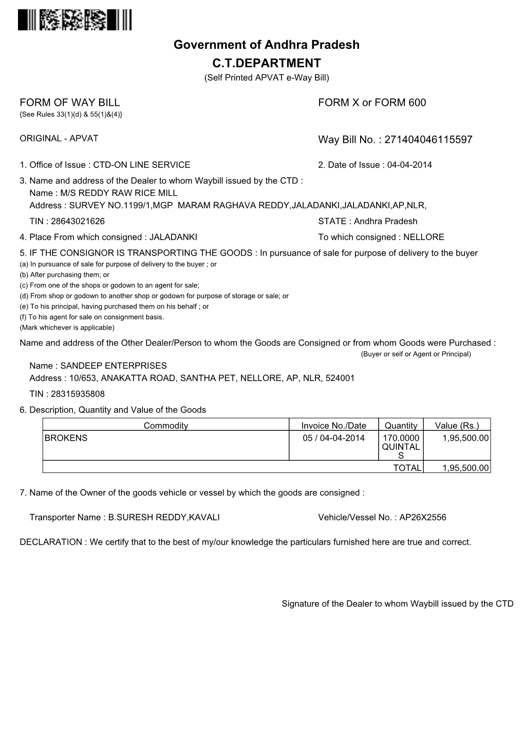 Government of Andhra Pradesh C.T.DEPARTMENT (Self Printed APVAT E-Way Bill)