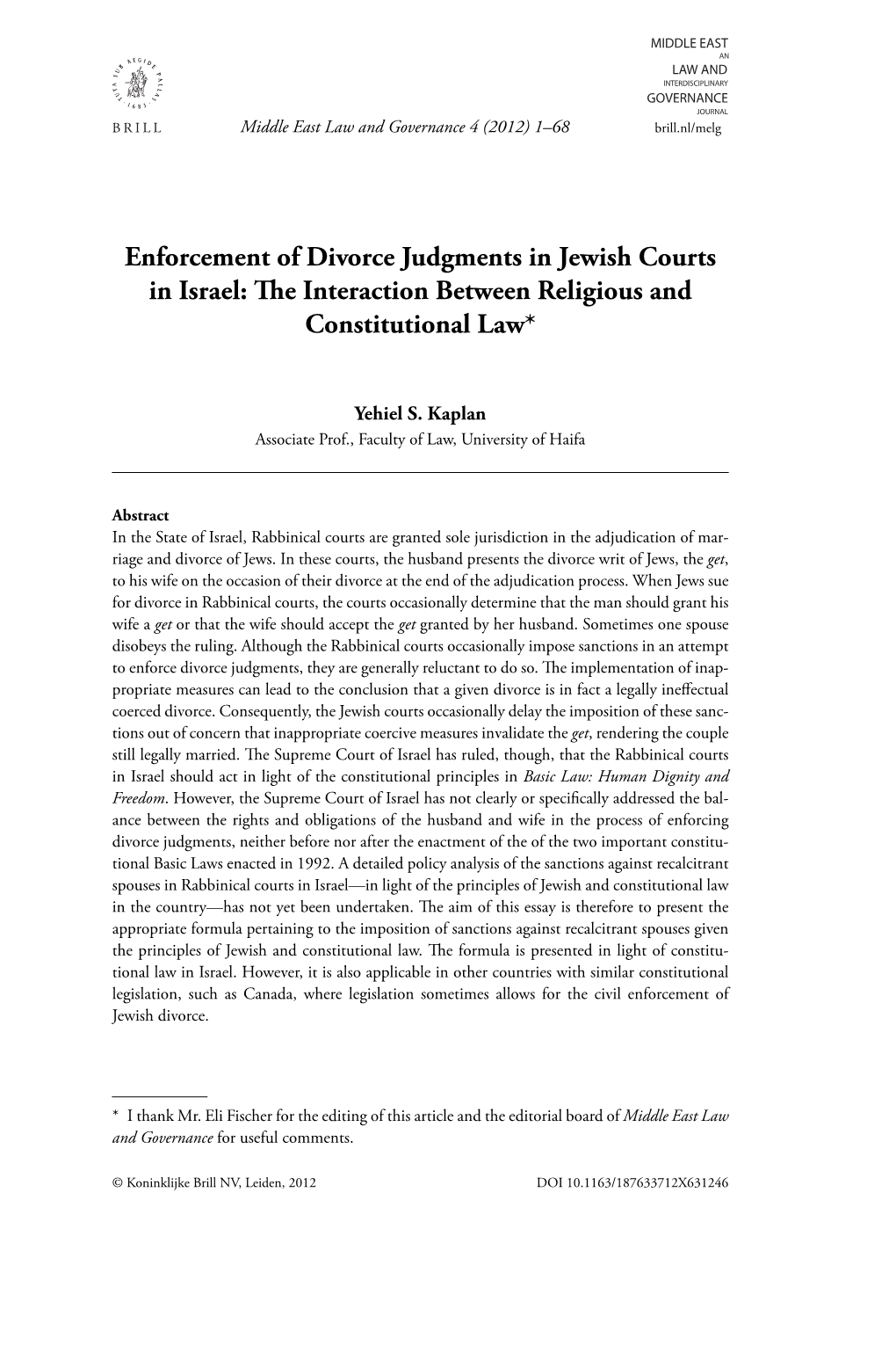 Enforcement of Divorce Judgments in Jewish Courts in Israel: The