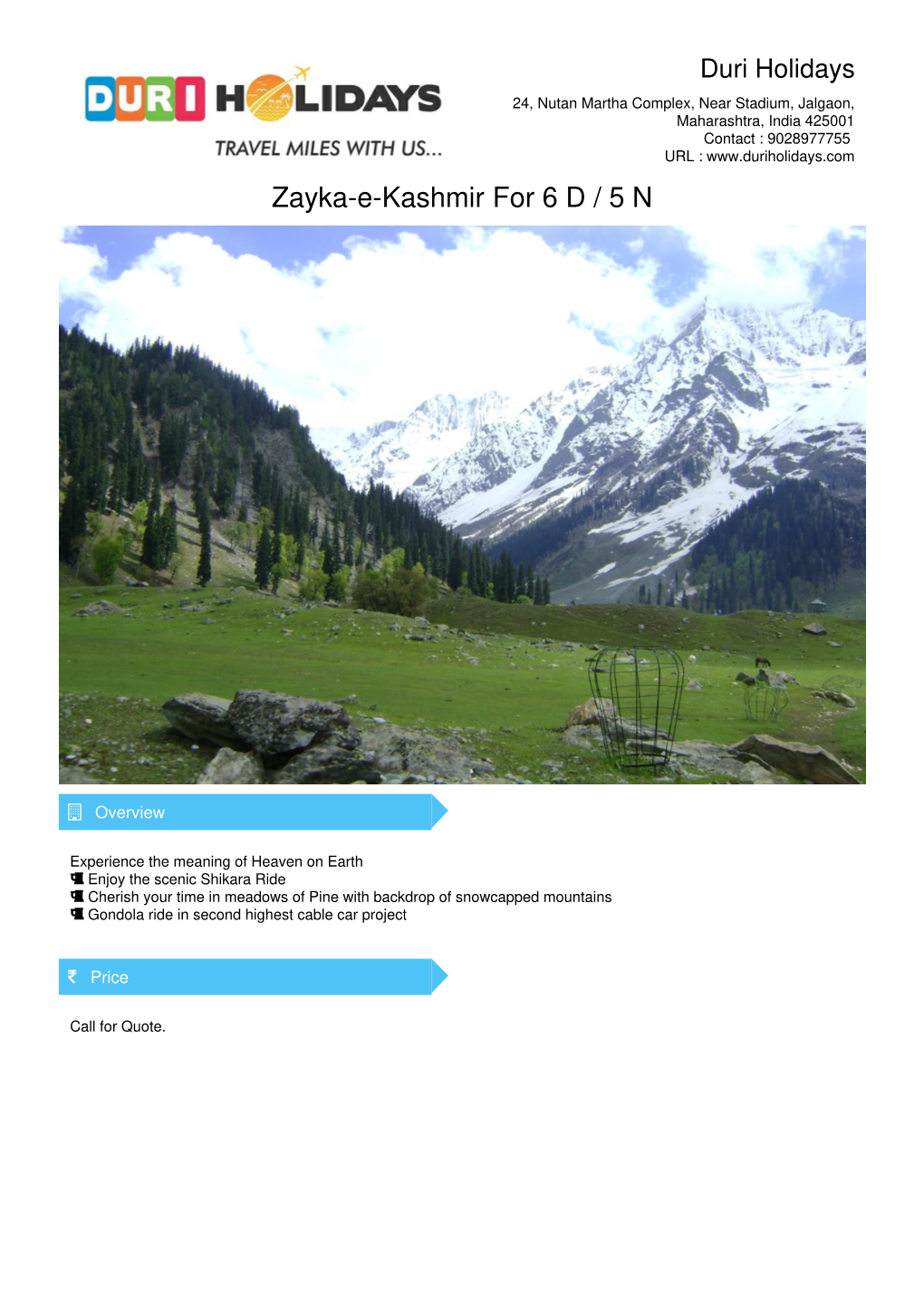Zayka-E-Kashmir for 6 D / 5 N