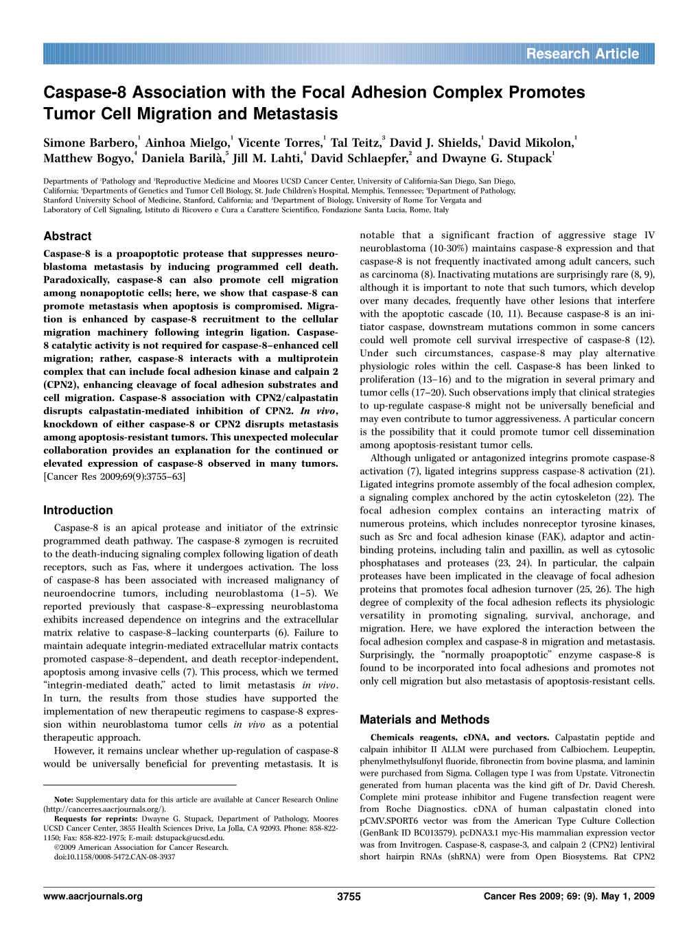 Caspase-8 Association with the Focal Adhesion Complex Promotes Tumor Cell Migration and Metastasis