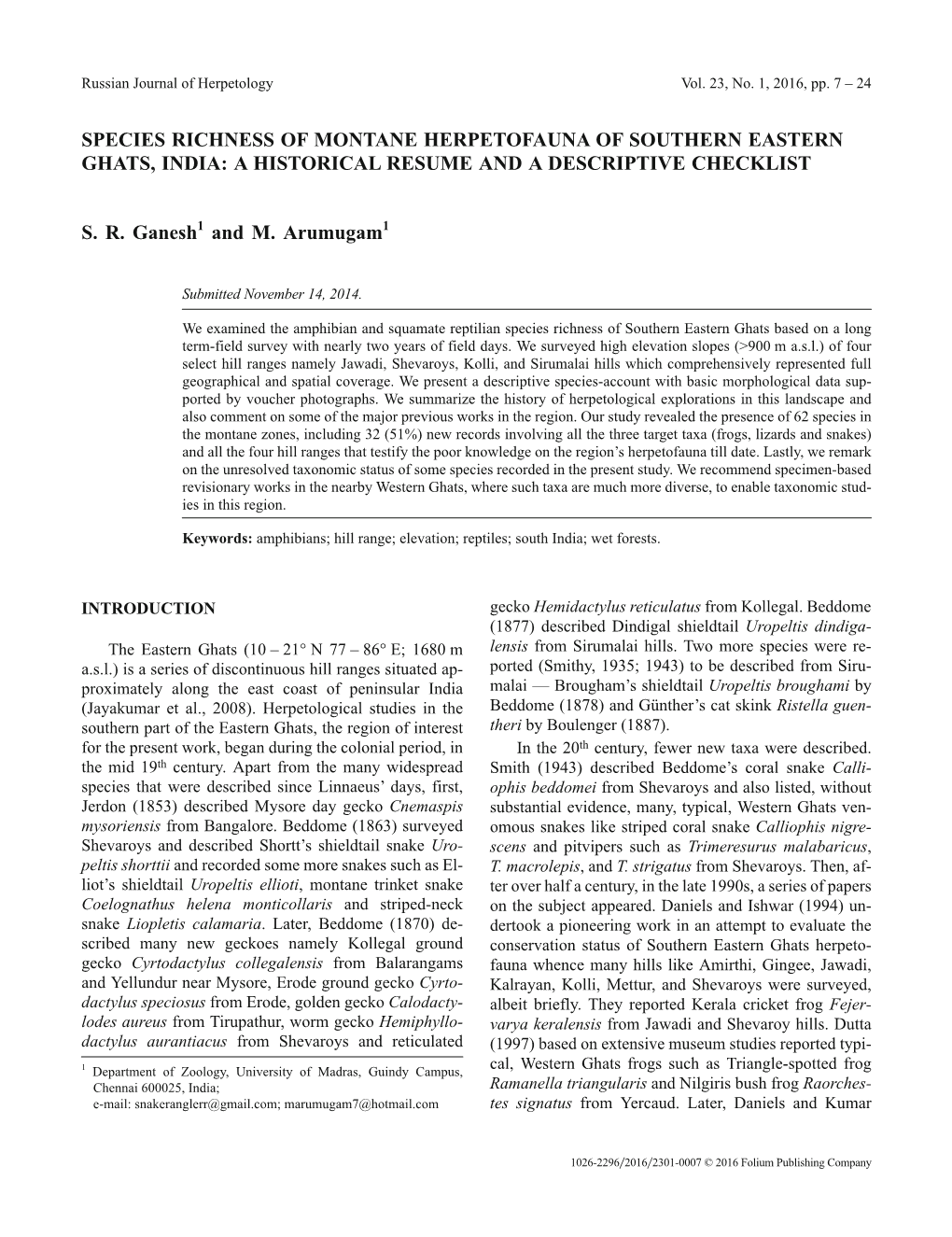 Species Richness of Montane Herpetofauna of Southern Eastern Ghats, India: a Historical Resume and a Descriptive Checklist