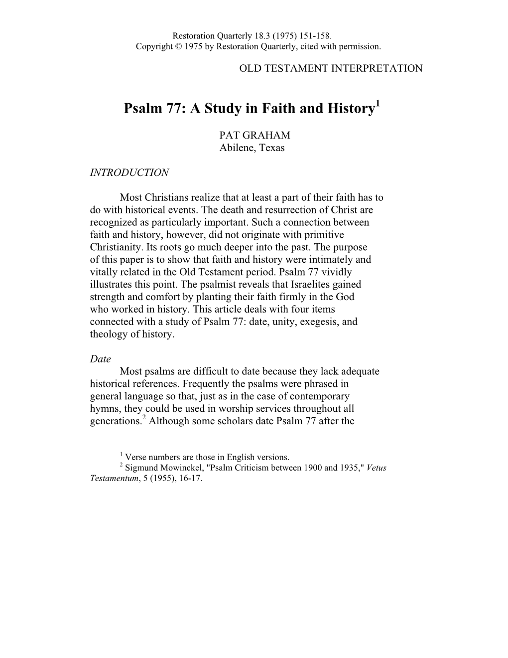 Psalm 77: a Study in Faith and History1