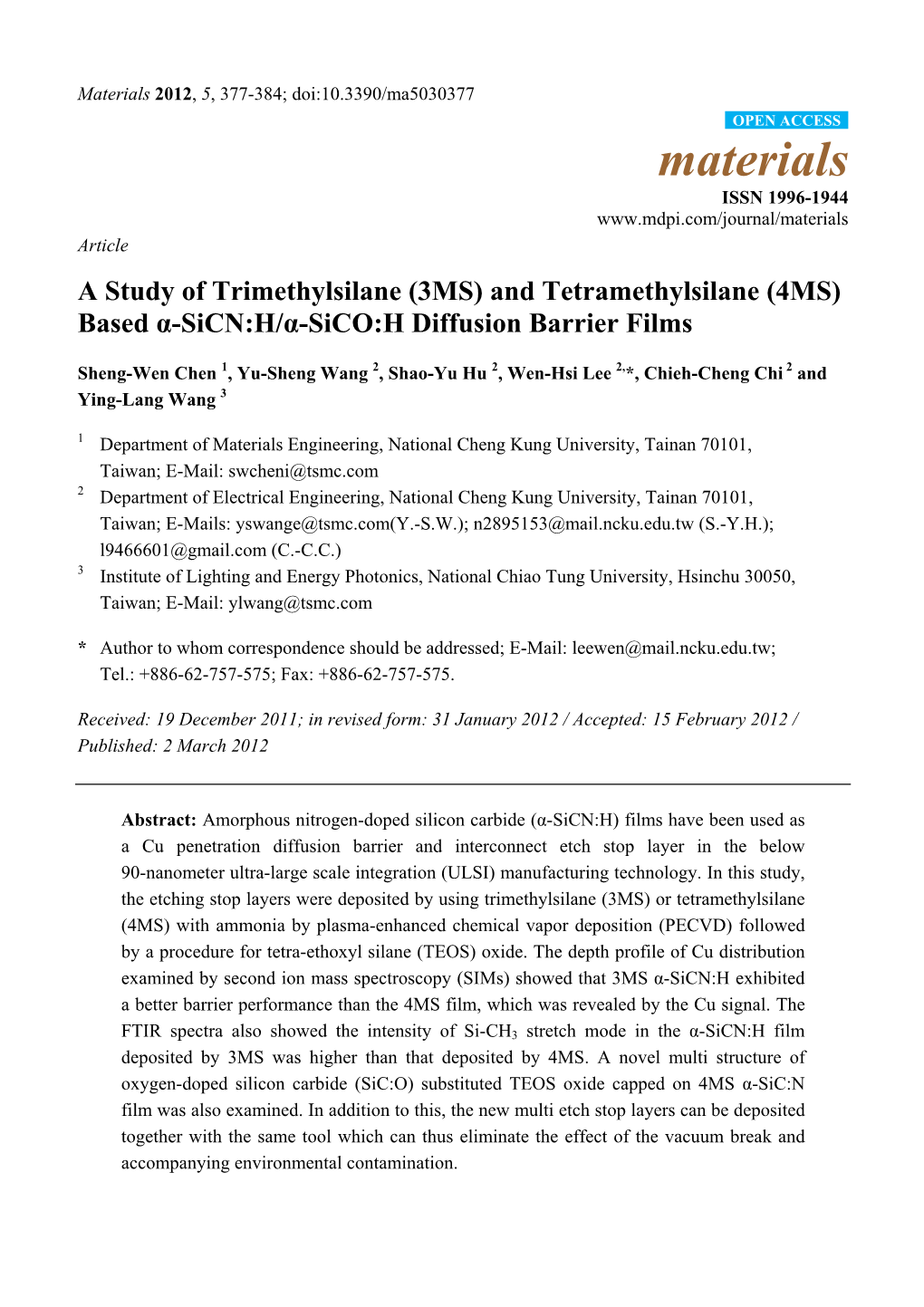 And Tetramethylsilane (4MS) Based Α-Sicn:H/Α-Sico:H Diffusion Barrier Films