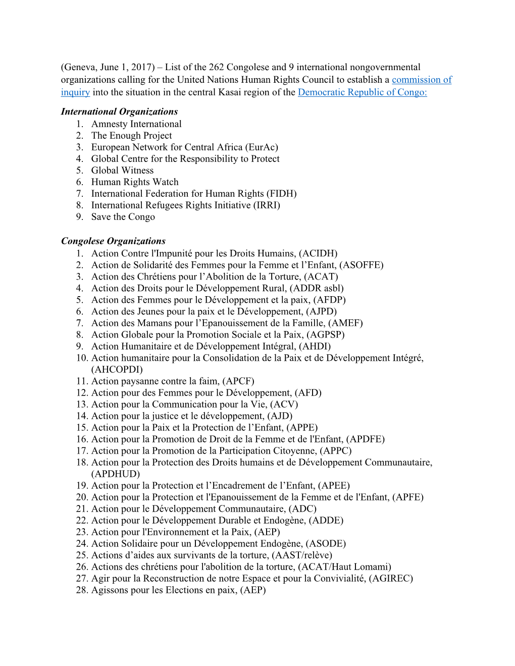 (Geneva, June 1, 2017) – List of the 262 Congolese and 9 International