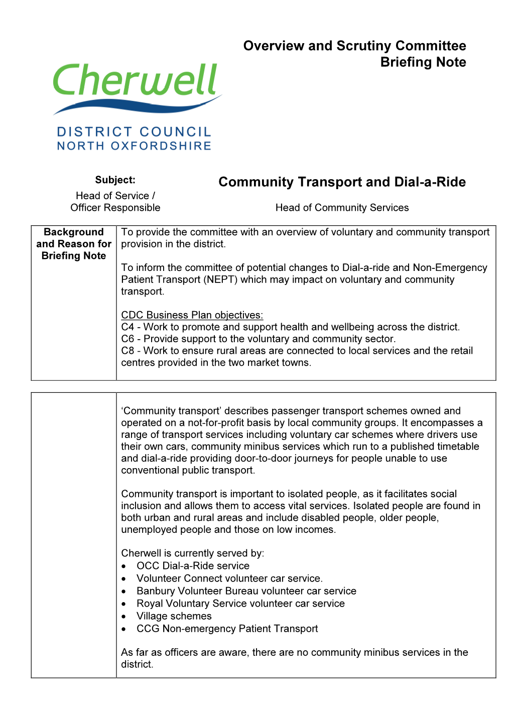 Community Transport and Dial-A-Ride Overview and Scrutiny Committee Briefing Note