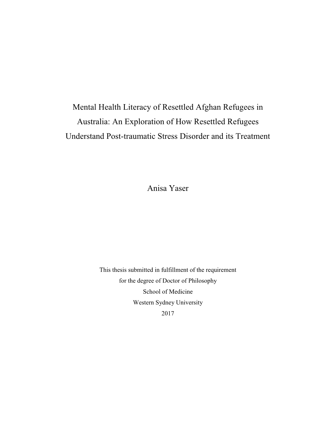 Mental Health Literacy of Resettled Afghan Refugees in Australia