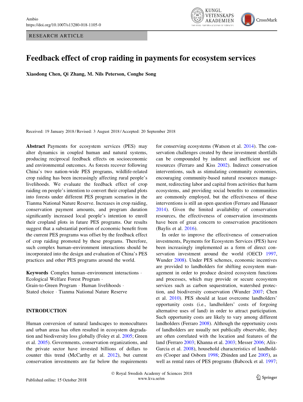 Feedback Effect of Crop Raiding in Payments for Ecosystem Services