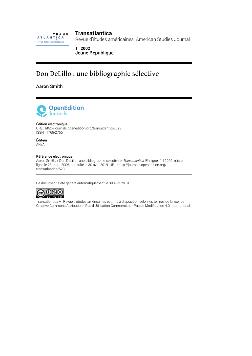 Transatlantica, 1 | 2002 Don Delillo : Une Bibliographie Sélective 2