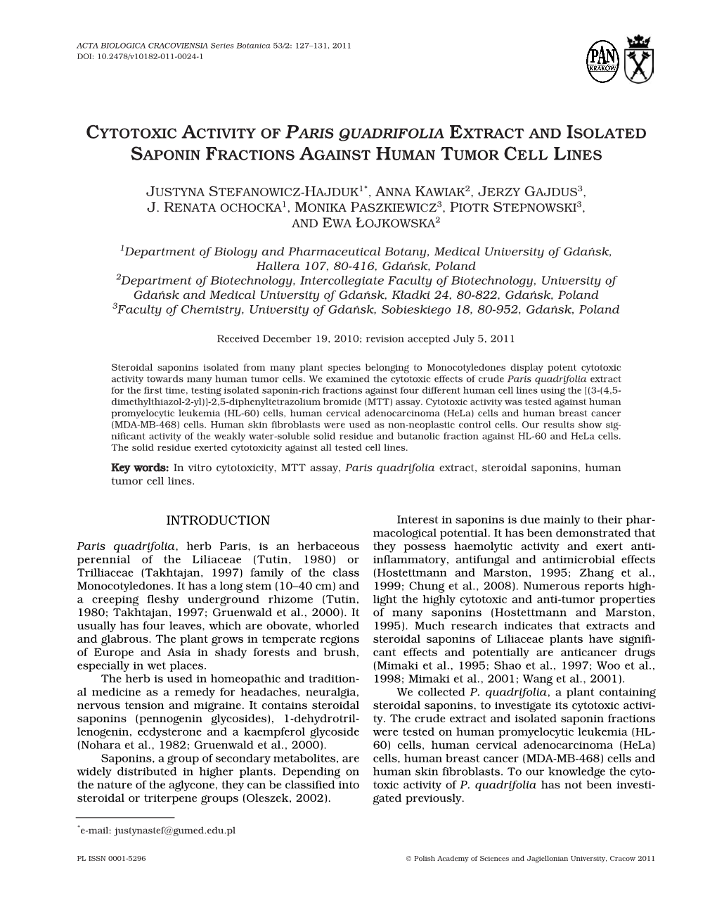 Cytotoxic Activity of Paris Quadrifolia Extract and Isolated Saponin Fractions Against Human Tumor Cell Lines