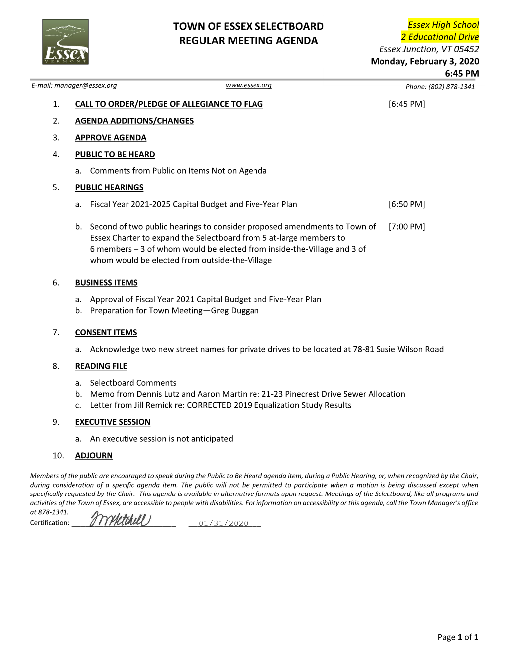 Town of Essex Selectboard Regular Meeting Agenda