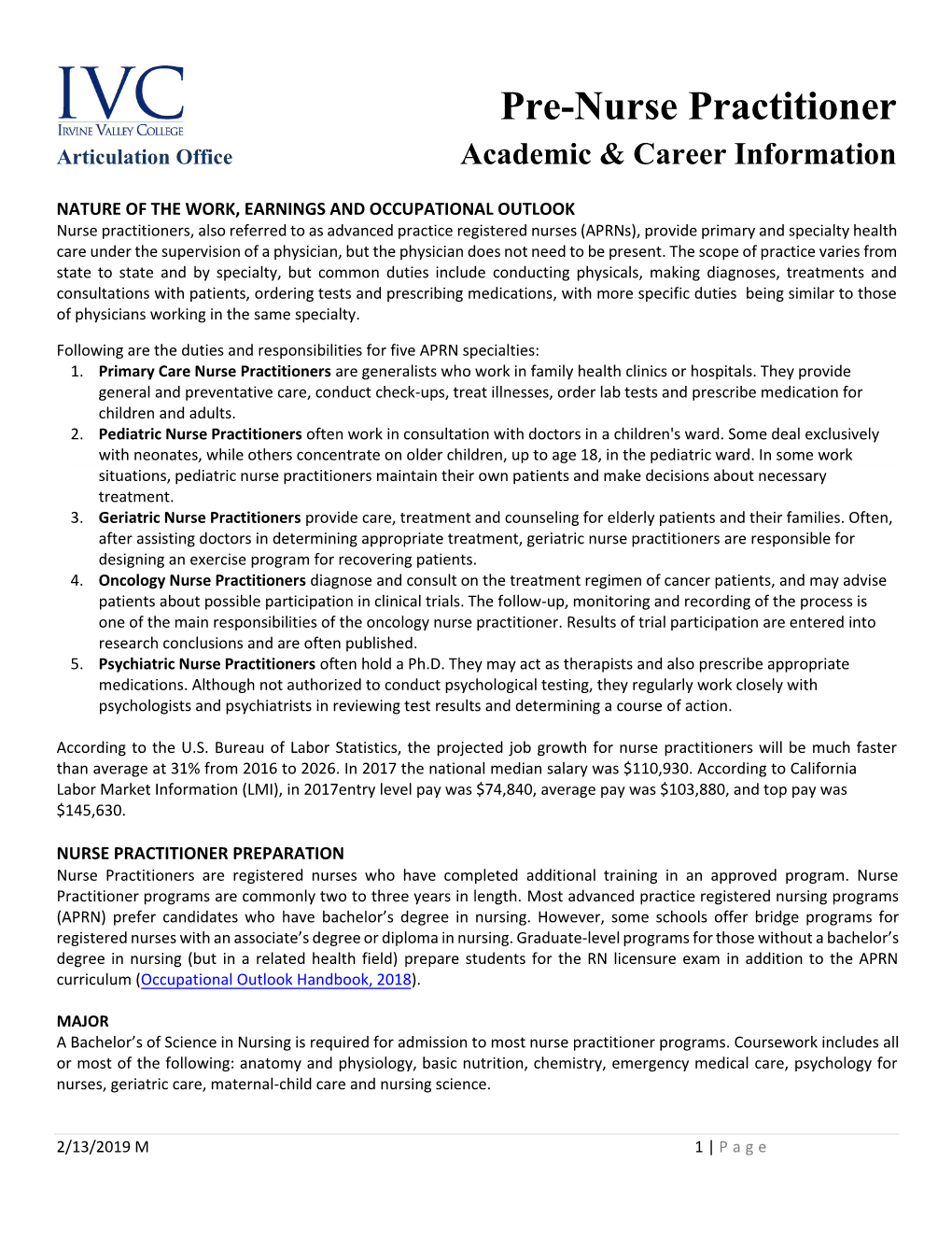 Pre-Nurse Practitioner Articulation Office Academic & Career Information