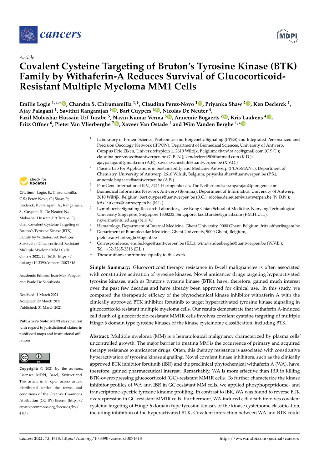 BTK) Family by Withaferin-A Reduces Survival of Glucocorticoid- Resistant Multiple Myeloma MM1 Cells