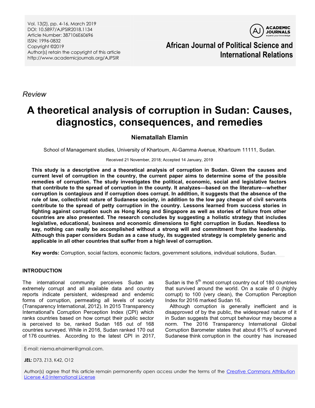 A Theoretical Analysis of Corruption in Sudan: Causes, Diagnostics, Consequences, and Remedies