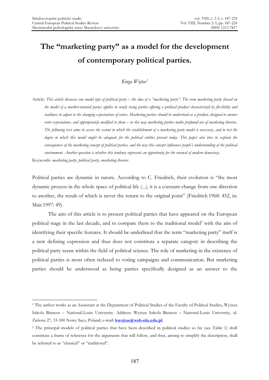 As a Model for the Development of Contemporary Political Parties