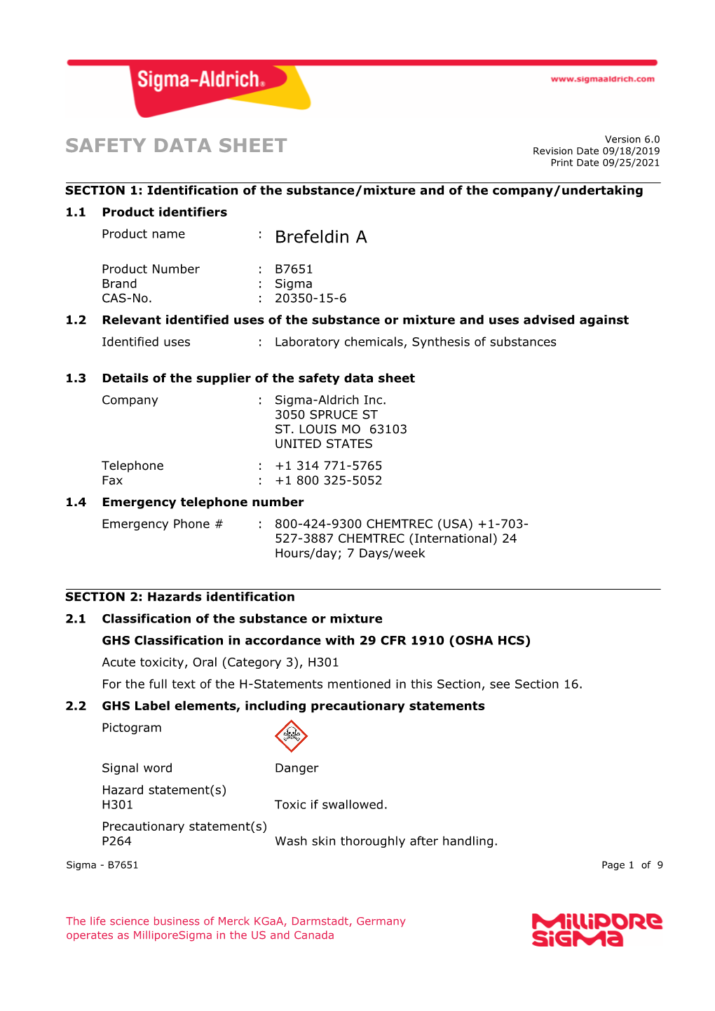 SAFETY DATA SHEET Revision Date 09/18/2019 Print Date 09/25/2021