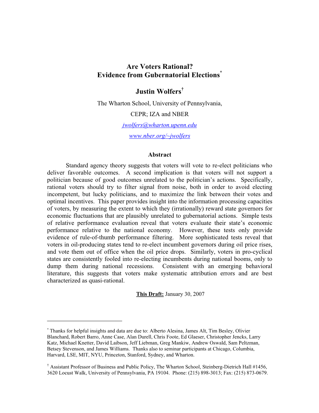 Are Voters Rational? Evidence from Gubernatorial Elections* Justin