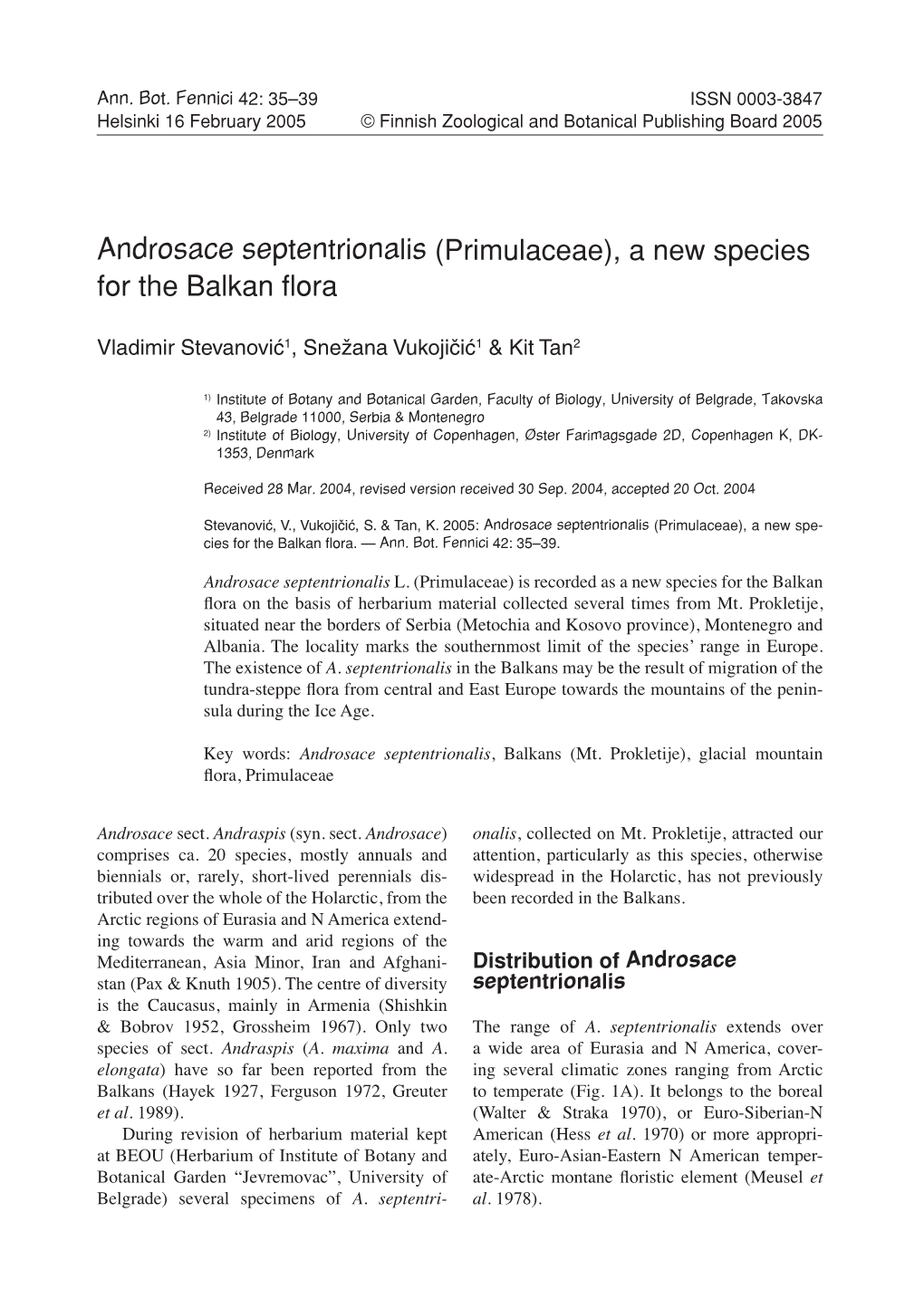 Androsace Septentrionalis (Primulaceae), a New Species for the Balkan ﬂora