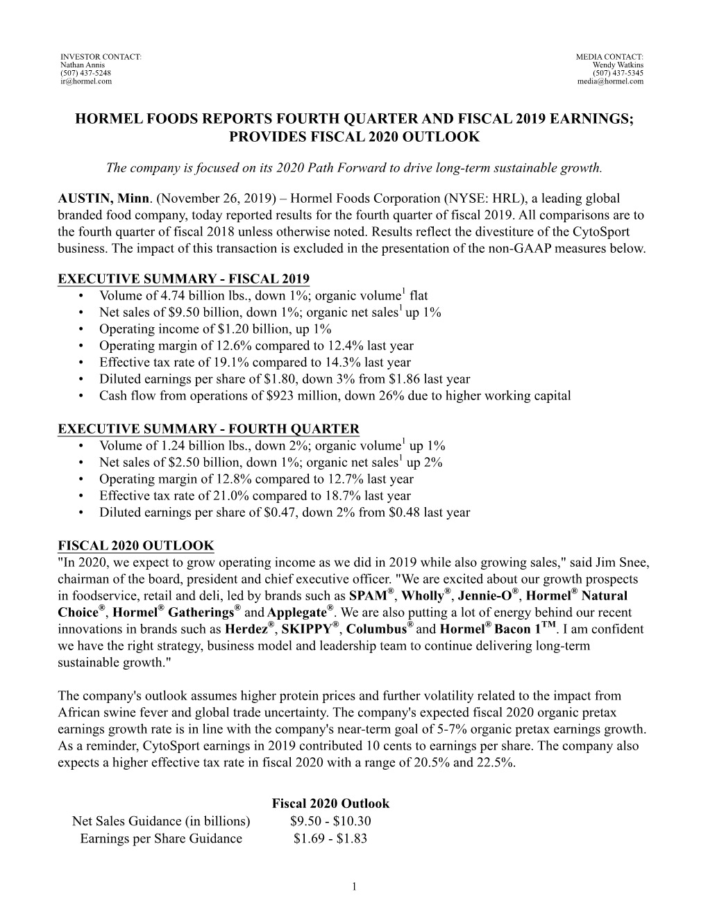 Hormel Earnings Release Q4 2019