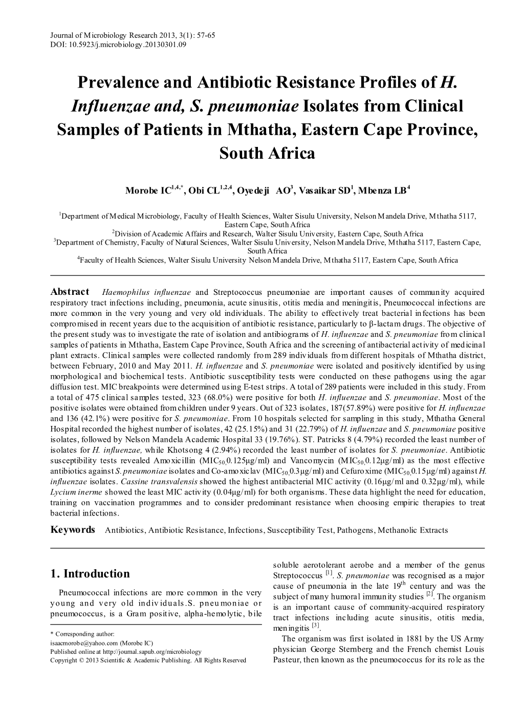 Prevalence and Antibiotic Resistance Profiles of H. Influenzae And, S