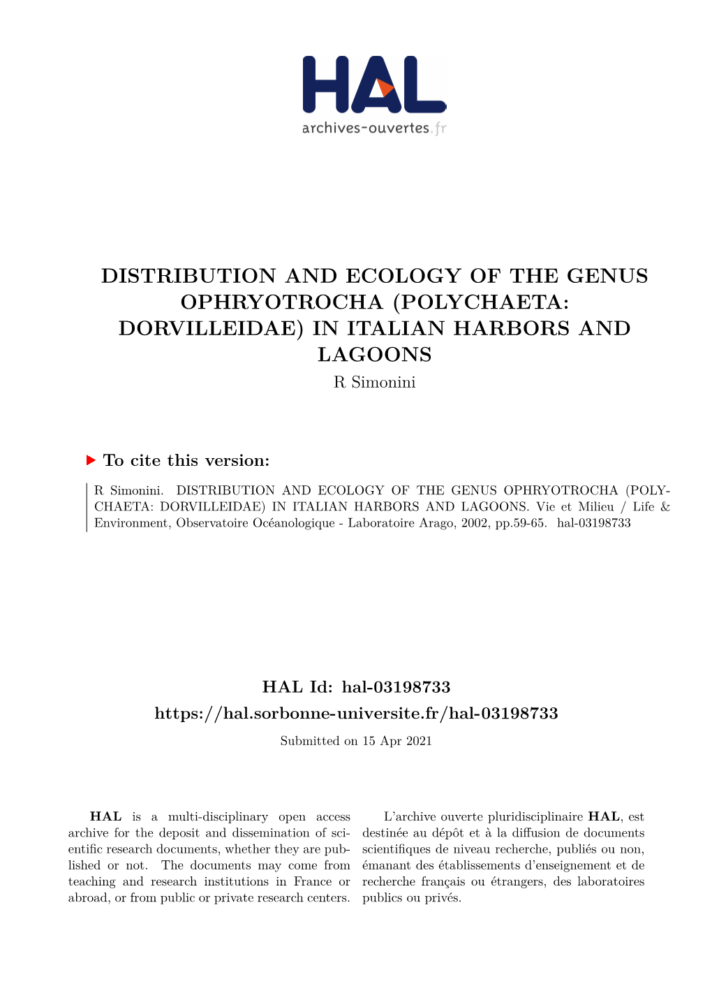 POLYCHAETA: DORVILLEIDAE) in ITALIAN HARBORS and LAGOONS R Simonini