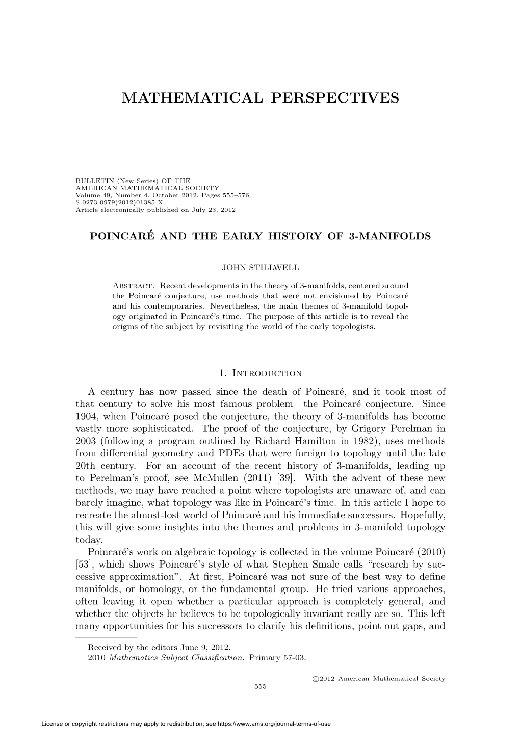 Poincaré and the Early History of 3-Manifolds