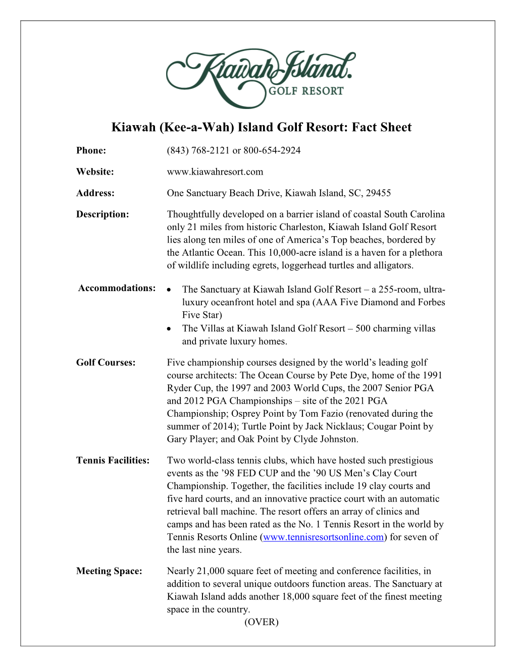 Island Golf Resort: Fact Sheet