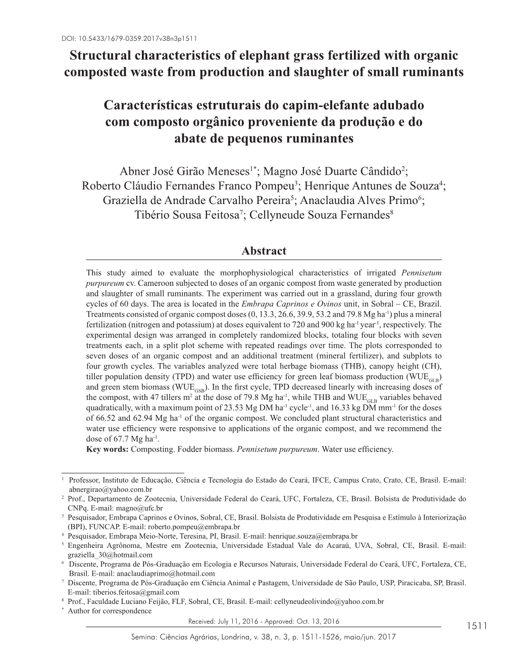 Structural Characteristics of Elephant Grass Fertilized with Organic Composted Waste from Production and Slaughter of Small Ruminants