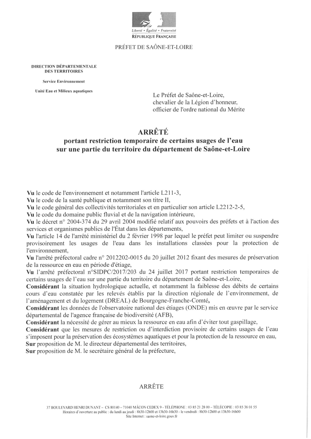 Article 1 : Zones Hydrographiques Soumises À Restriction Des Usages