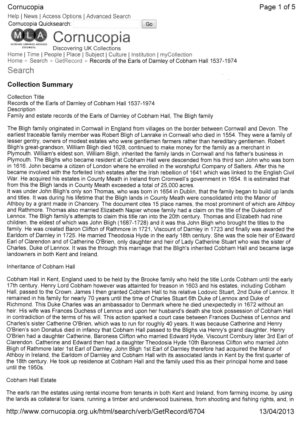 Records of the Earls of Darnley of Cobham Hall 1537 to 1974