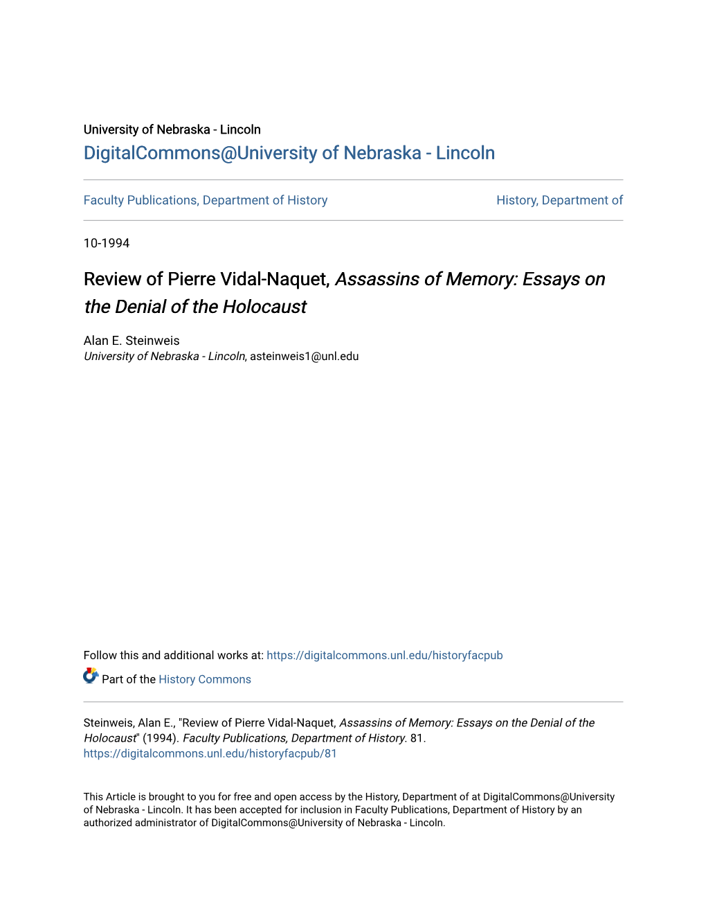 Review of Pierre Vidal-Naquet, Assassins of Memory: Essays on the Denial of the Holocaust