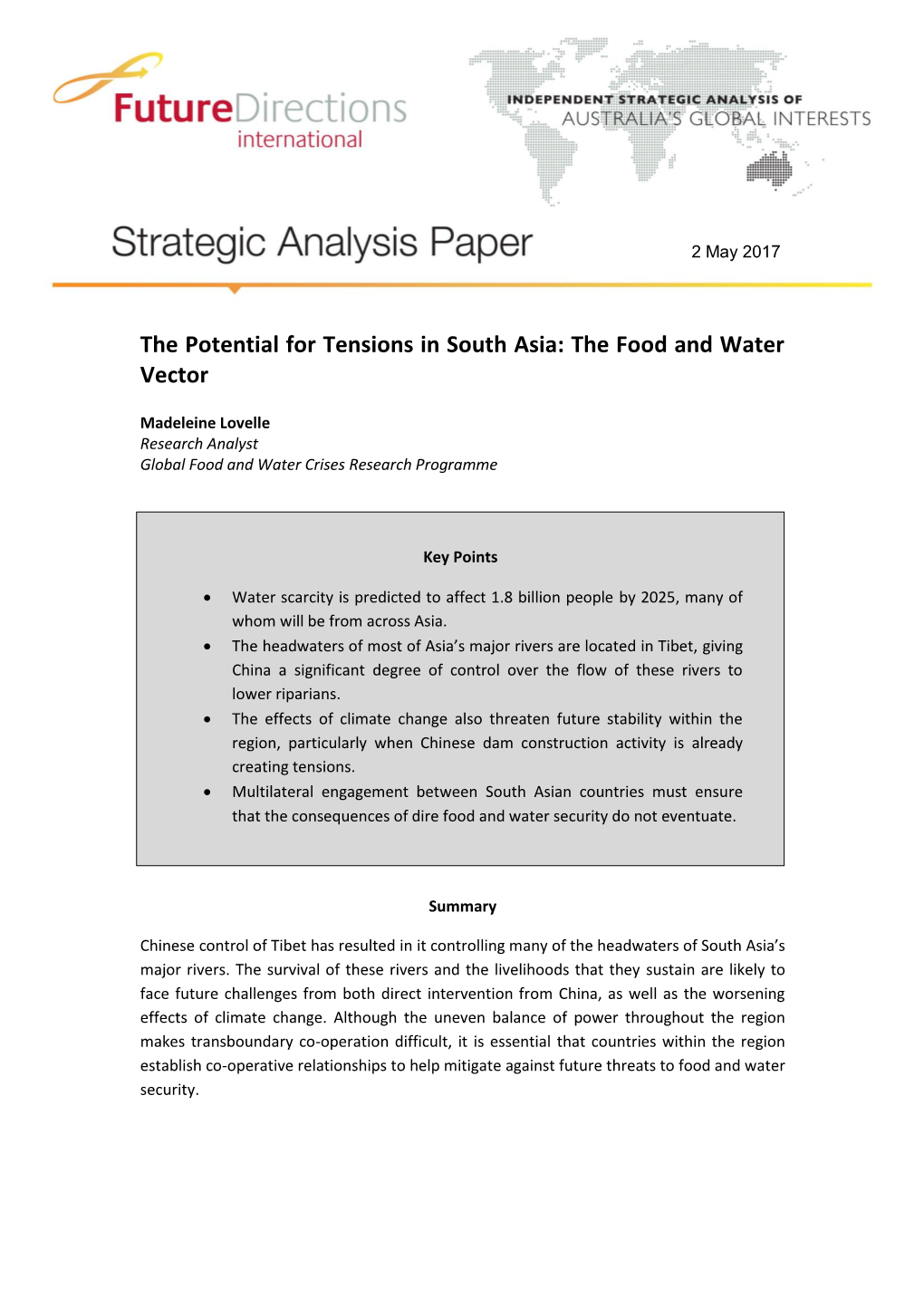The Potential for Tensions in South Asia: the Food and Water Vector