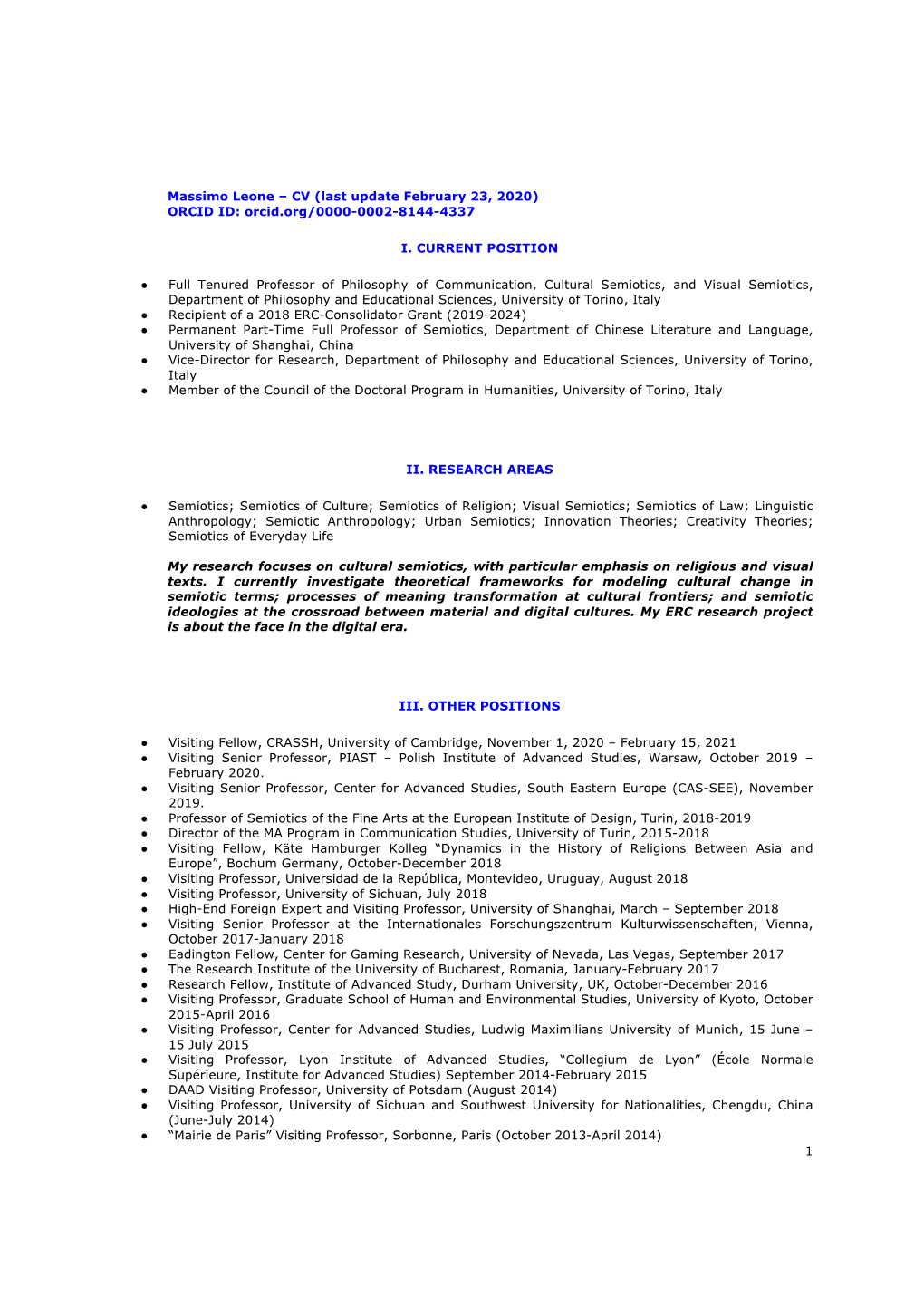 Massimo Leone – CV (Last Update February 23, 2020) ORCID ID: Orcid.Org/0000-0002-8144-4337