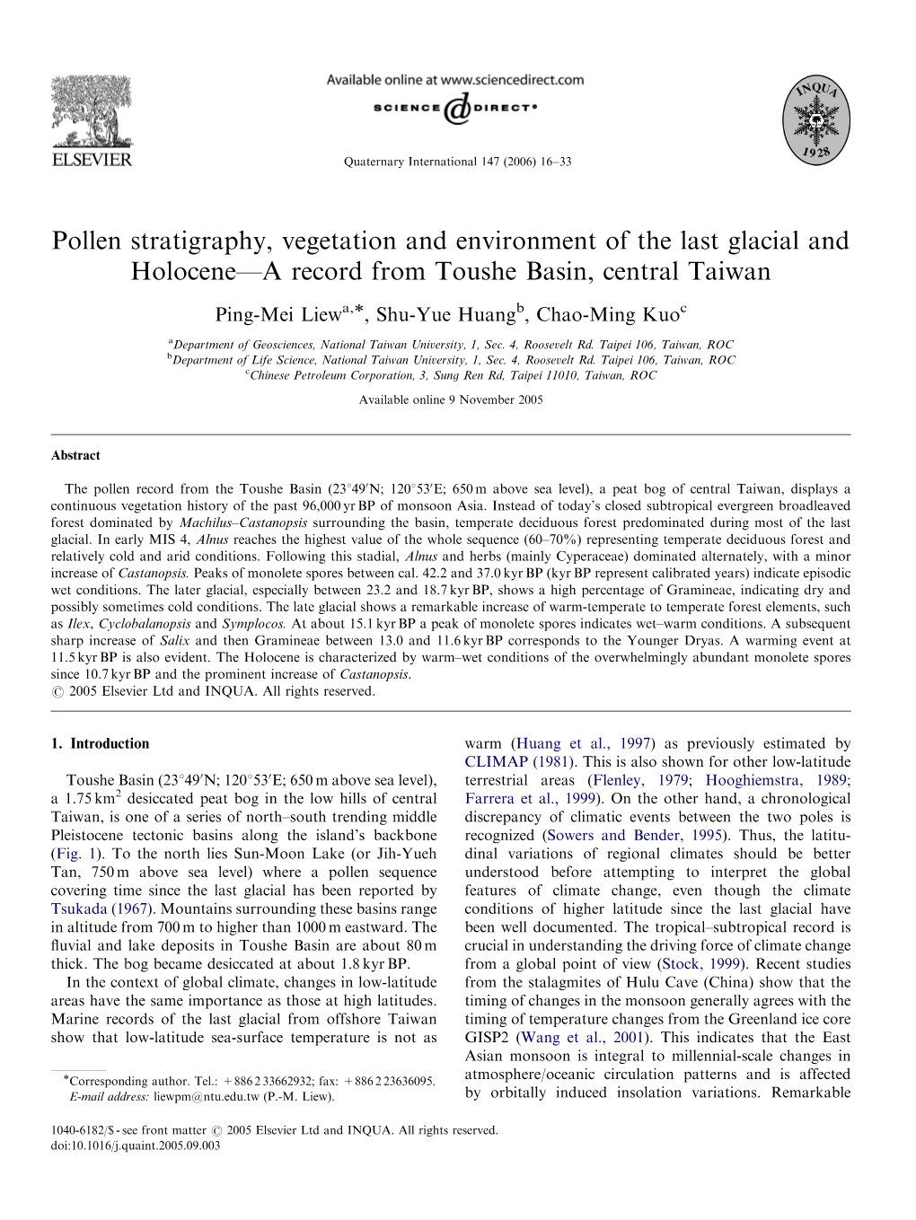 Pollen Stratigraphy, Vegetation and Environment of the Last Glacial and Holocene—A Record from Toushe Basin, Central Taiwan