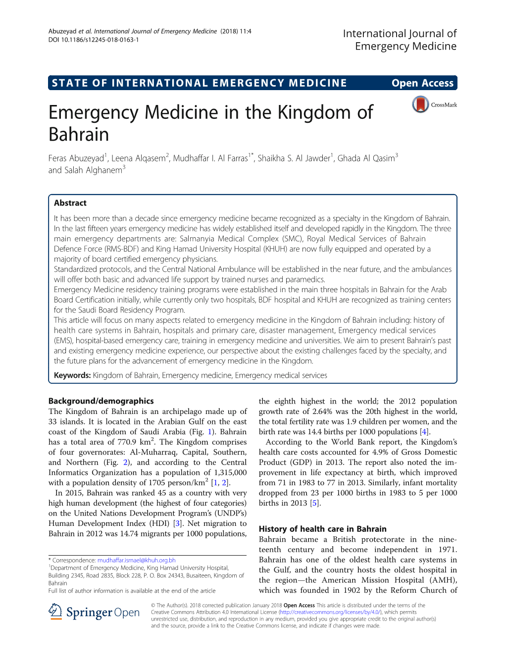 Emergency Medicine in the Kingdom of Bahrain Feras Abuzeyad1, Leena Alqasem2, Mudhaffar I