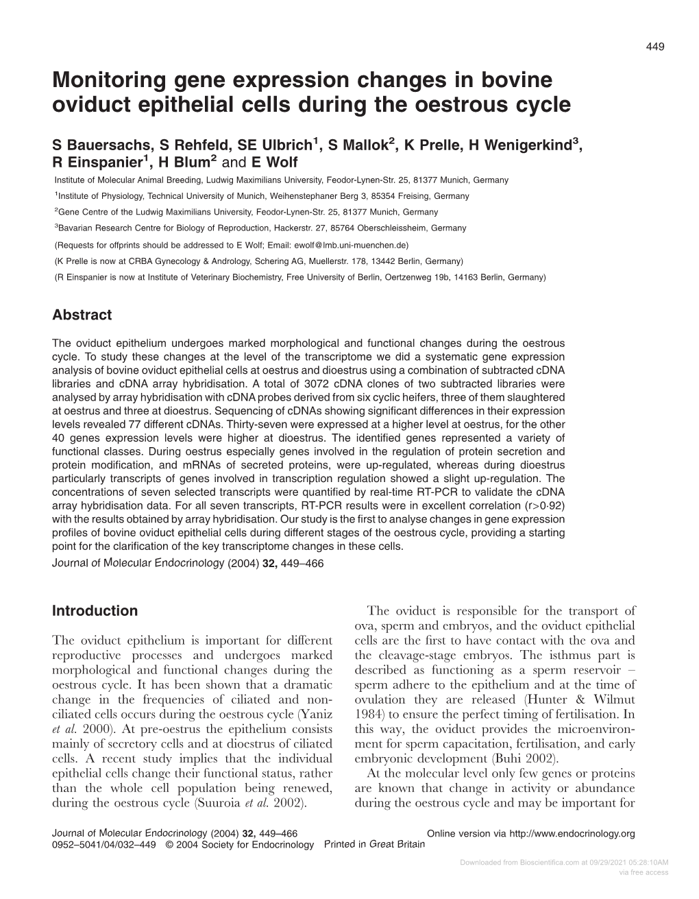 Monitoring Gene Expression Changes in Bovine Oviduct Epithelial Cells During the Oestrous Cycle