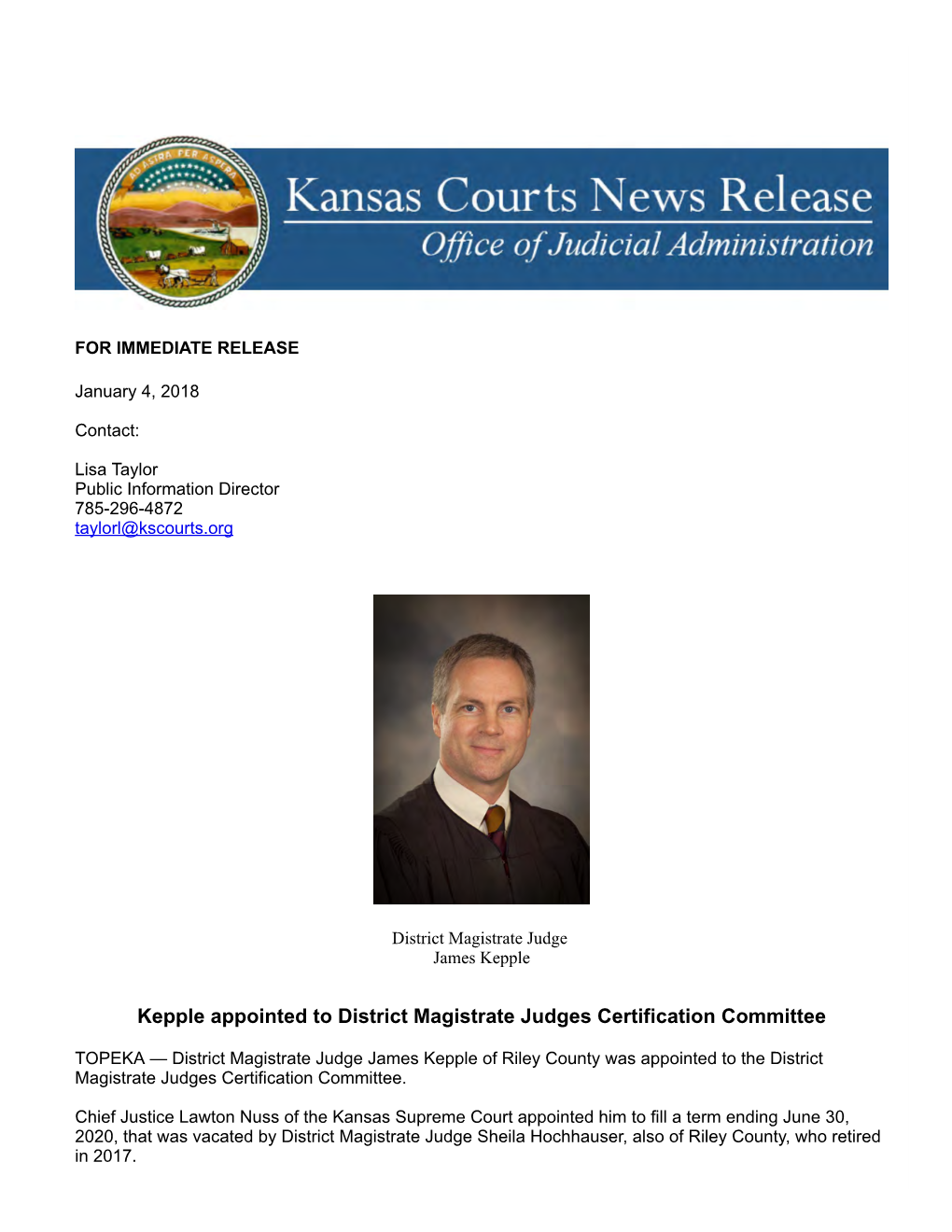 Kepple Appointed to District Magistrate Judges Certification Committee