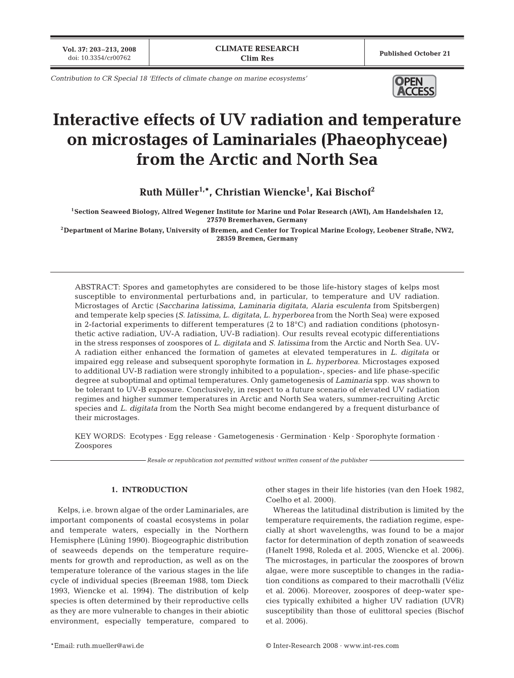 Interactive Effects of UV Radiation and Temperature on Microstages of Laminariales (Phaeophyceae) from the Arctic and North Sea