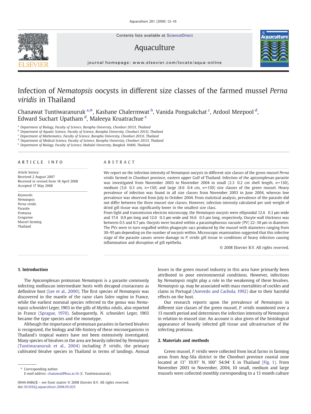 Infection of Nematopsis Oocysts in Different Size Classes of the Farmed Mussel Perna Viridis in Thailand Aquaculture