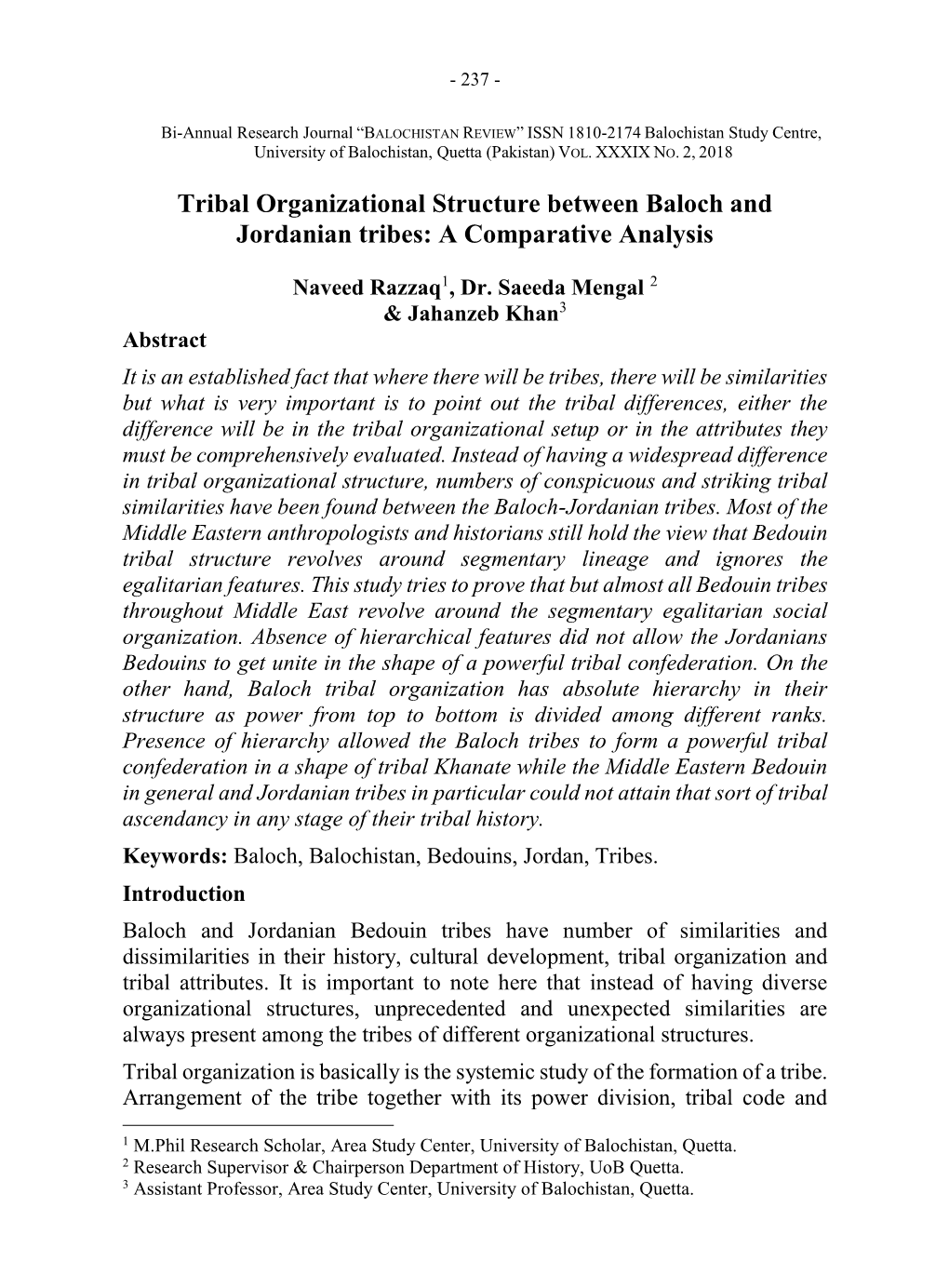 Tribal Organizational Structure Between Baloch and Jordanian Tribes: a Comparative Analysis