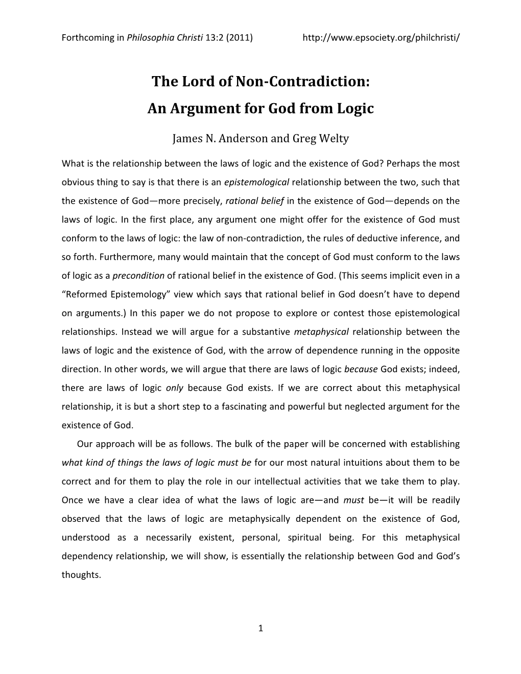 The Lord of Non-Contradiction: an Argument for God from Logic