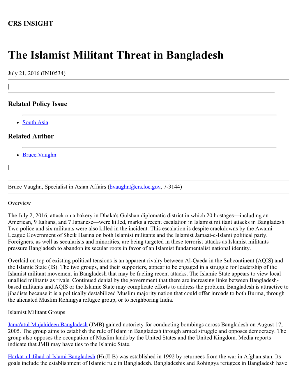 The Islamist Militant Threat in Bangladesh