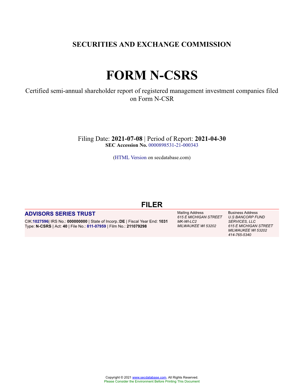 ADVISORS SERIES TRUST Form N-CSRS Filed 2021-07-08