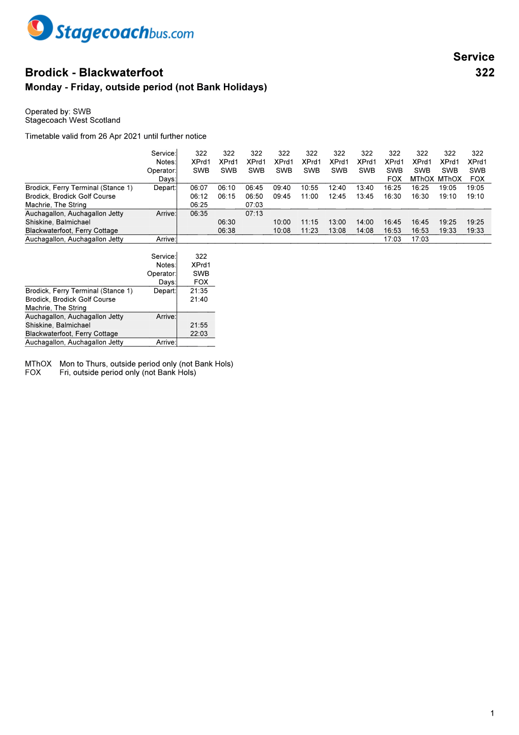 Service Brodick - Blackwaterfoot 322 Monday - Friday, Outside Period (Not Bank Holidays)