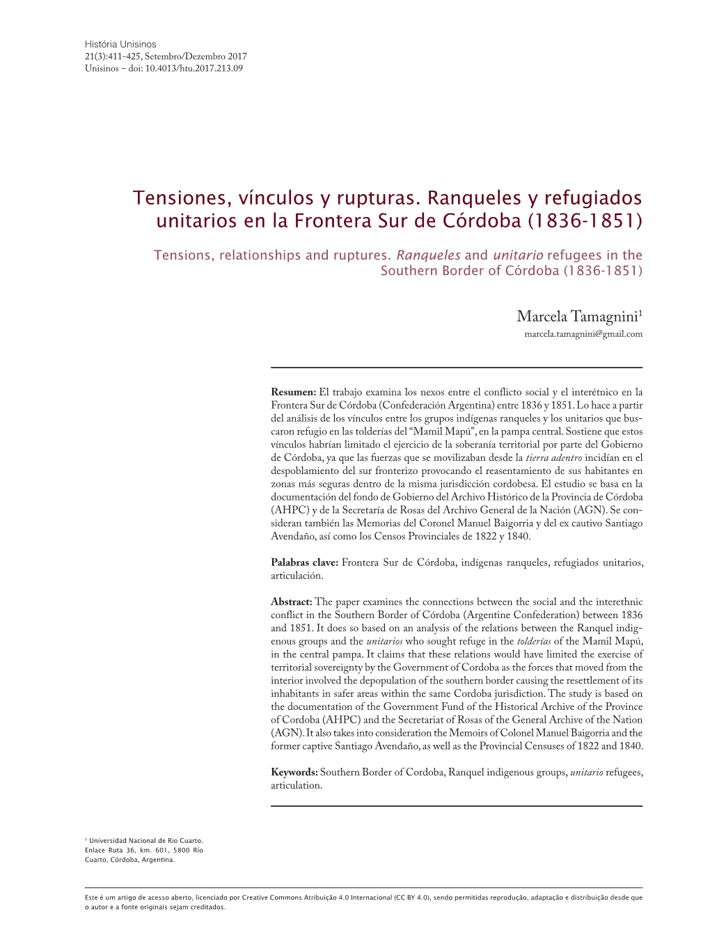 Tensiones, Vínculos Y Rupturas. Ranqueles Y Refugiados Unitarios En La Frontera Sur De Córdoba (1836-1851)