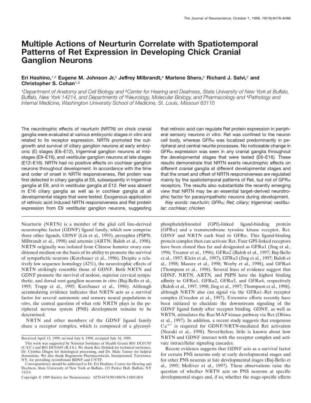 Multiple Actions of Neurturin Correlate with Spatiotemporal Patterns of Ret Expression in Developing Chick Cranial Ganglion Neurons