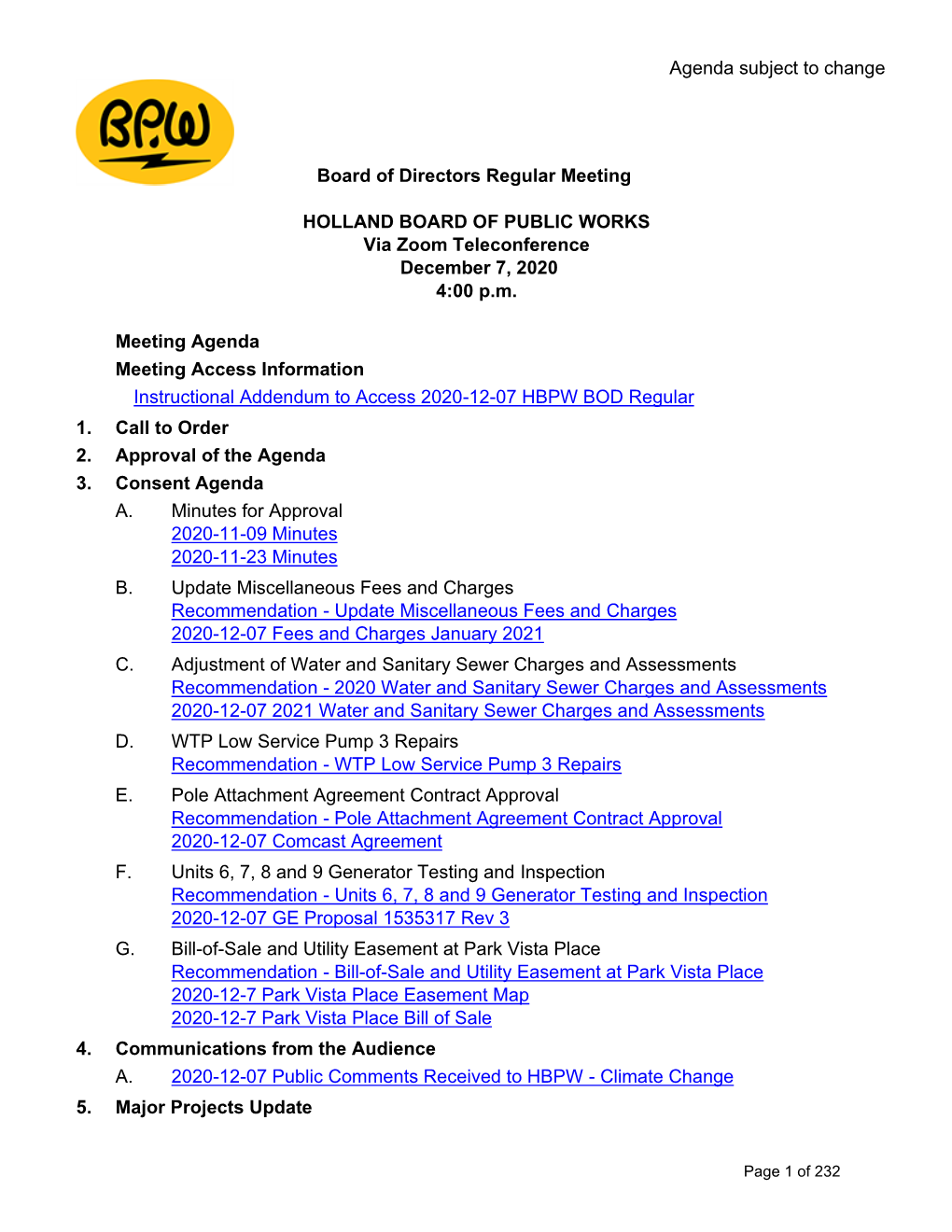 HBPW Board of Directors Regular Meeting – December 7, 2020