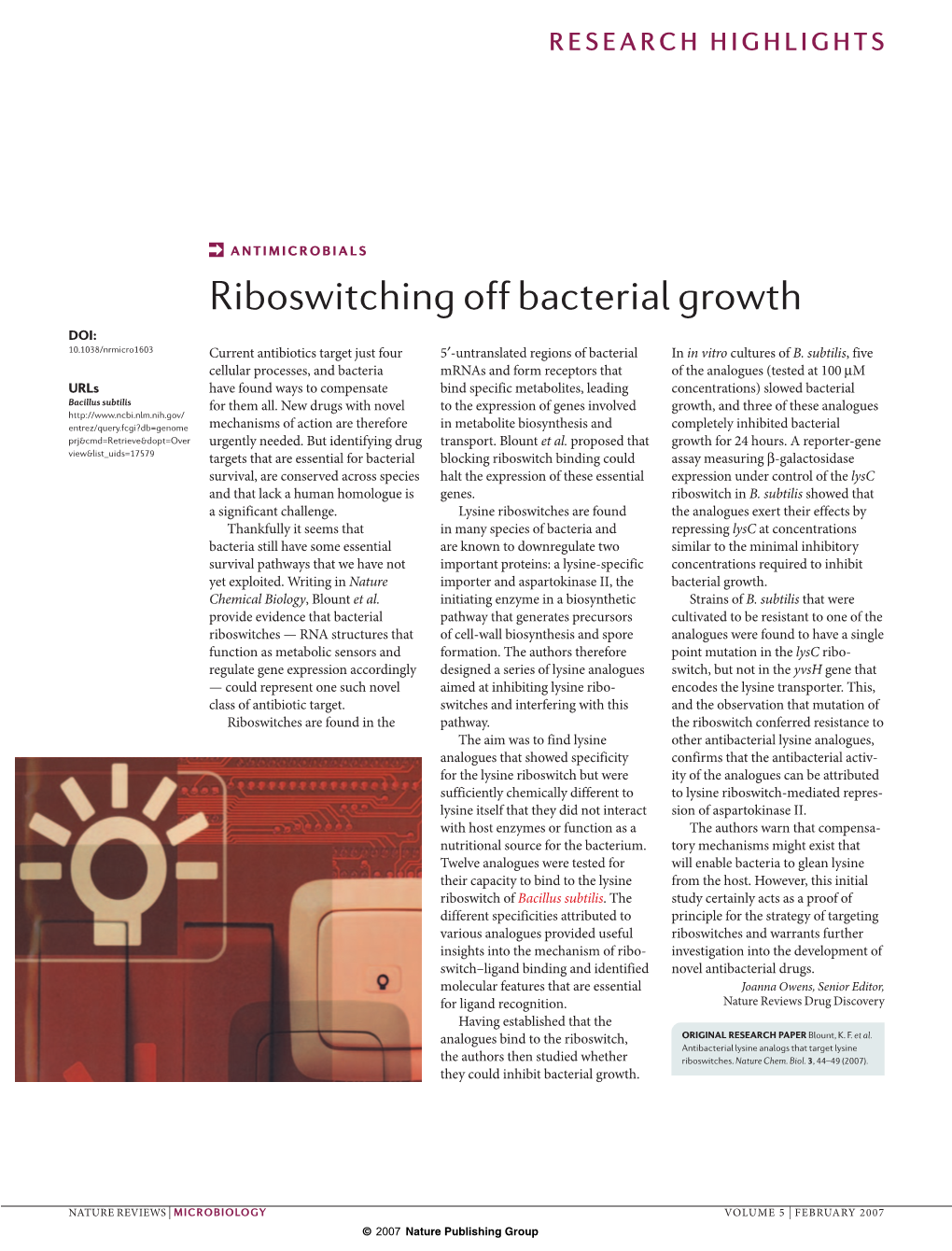 Riboswitching Off Bacterial Growth DOI: 10.1038/Nrmicro1603 Current Antibiotics Target Just Four 5′-Untranslated Regions of Bacterial in in Vitro Cultures of B
